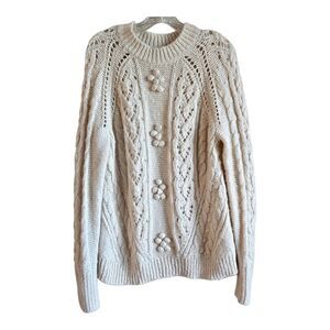 J. Crew Women's M Sweater Cream Pom Pom Alpaca Wool Blend Soft Cable Knit 42"